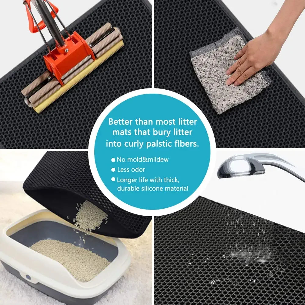 Non-slip, waterproof, washable, and traps litter for easy cleanup and scatter control.